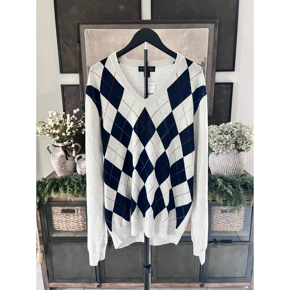 Brooks Brothers Mens Extra Fine Italian Merino Wool Argyle V-Neck Sweater XL New